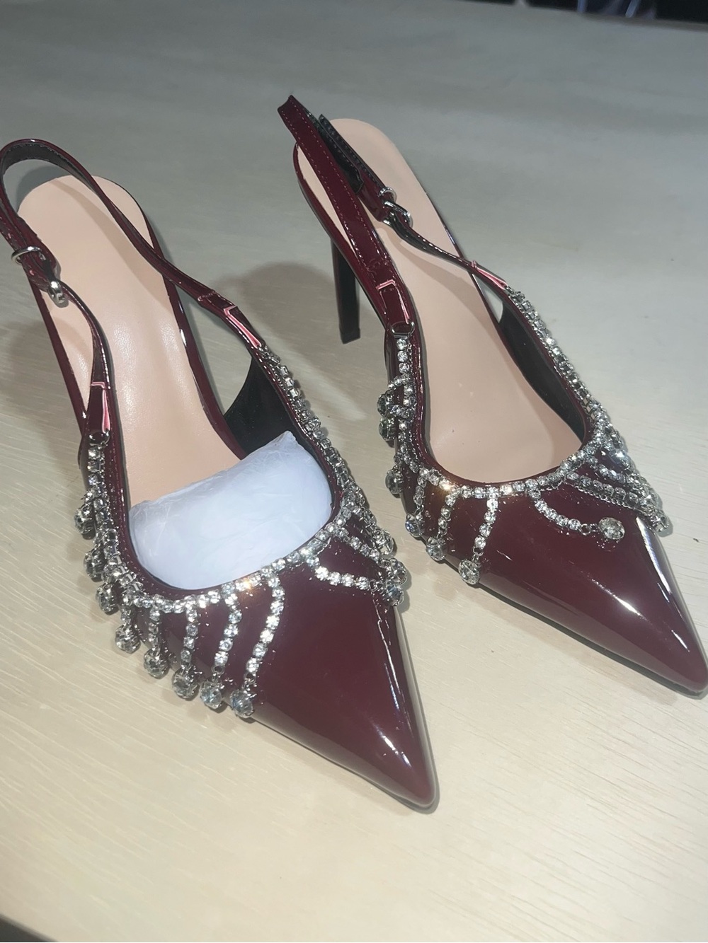 Burgundy Rhinestone Slingback Pointed-Toe Heels